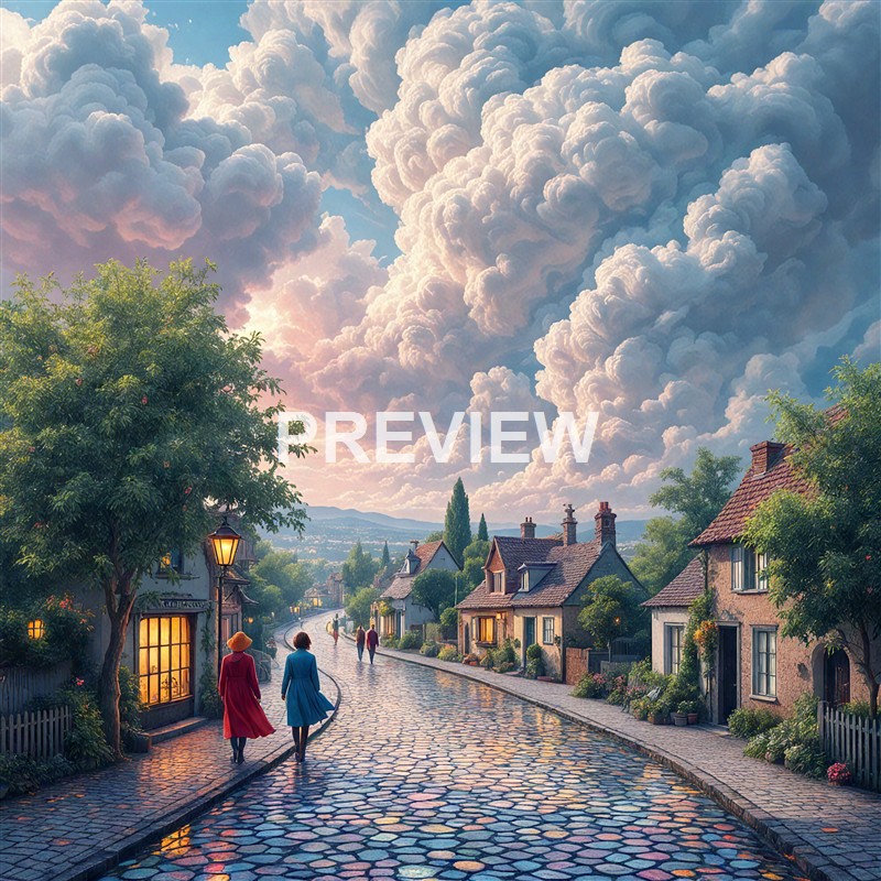 A picturesque village street scene with cobblestone pavement, charming cottages, lush greenery, and dramatic clouds overhead, illuminated by warm street lamps during what appears to be sunset or sunrise.